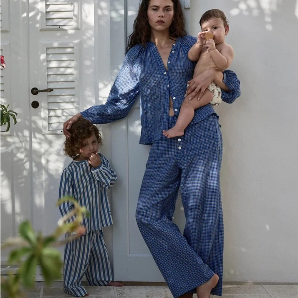 Doen Morgan Cotton Poplin Plaid Drawstring Pull On Baggy Pants Cassis Check Blue - Picture 5 of 13